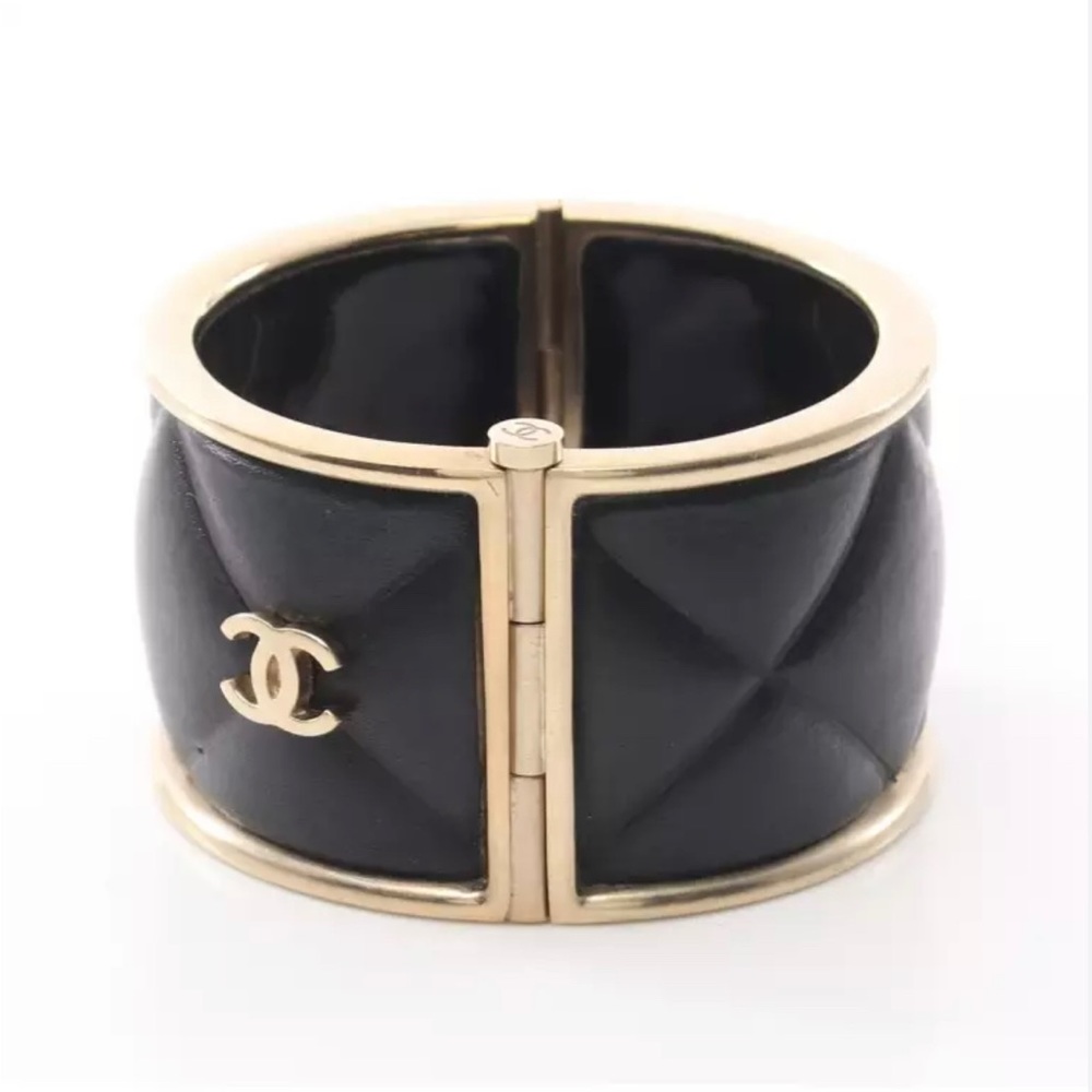 CHANEL Black Quilted Lambskin Leather Cuff Bracelet w/ Pin Side Closure